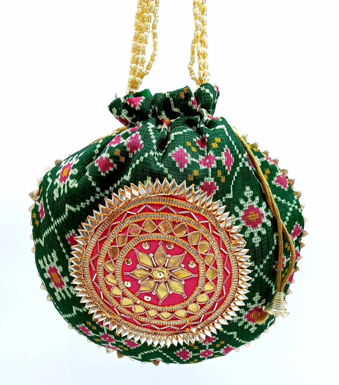 Wedding Hand Crafted Patola Print Potli With Gota Patch Bag With Beaded