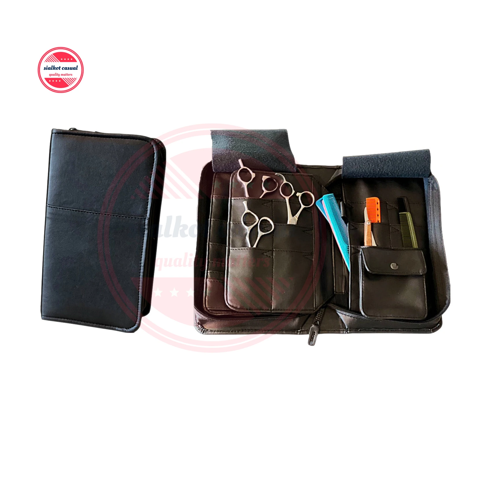 Genuine Leather 24 Pockets Scissors Zipper Case Hair Salon Barber