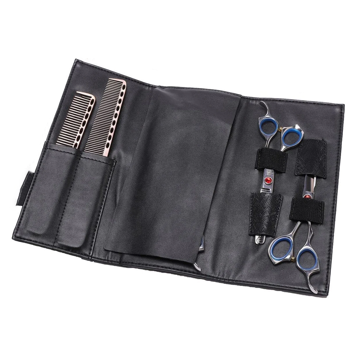 Genuine Leather Salon Hairdressing 4 Scissors & 2 Combs Holder Roll Up