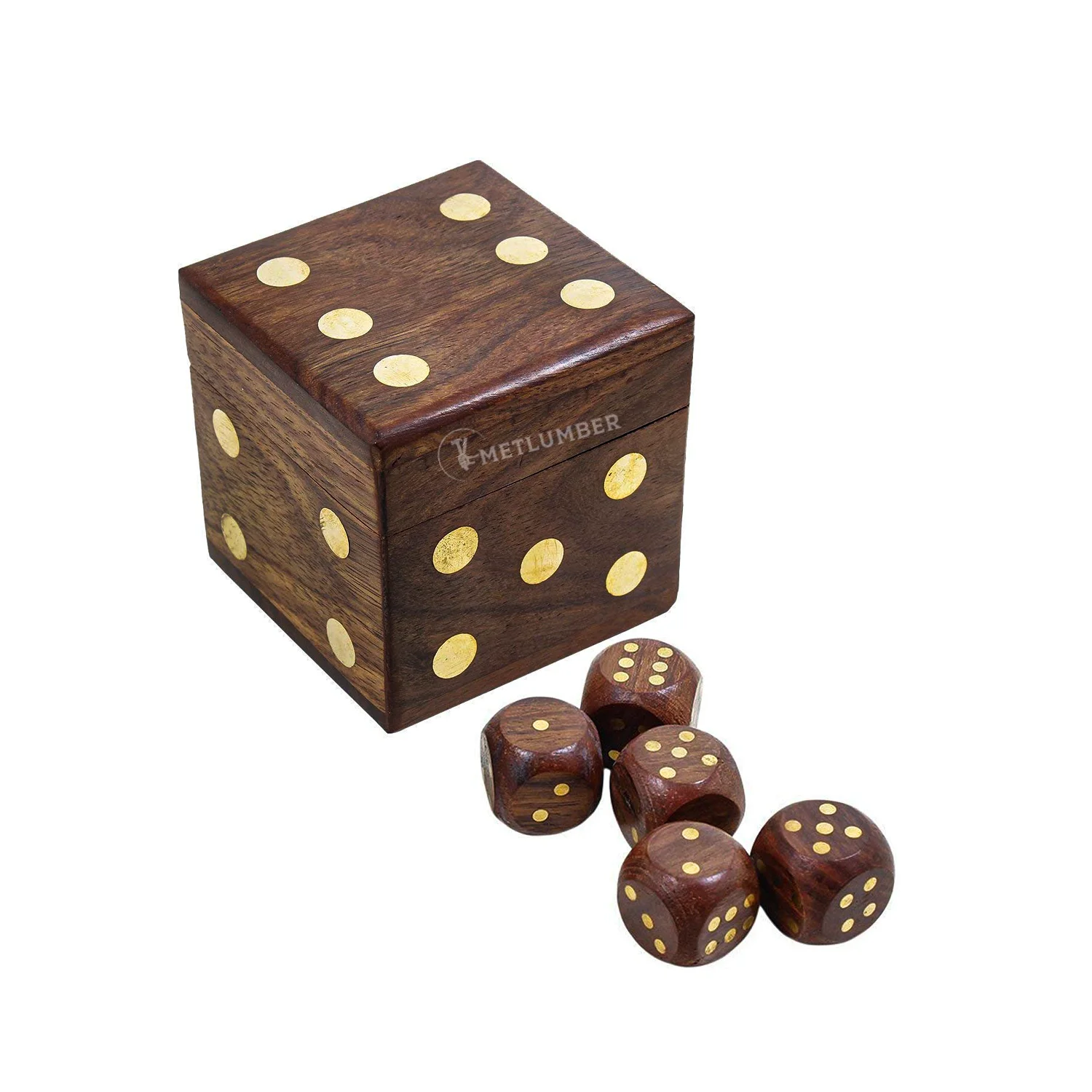 Customized Wooden Dice Box Game Set With Premium Brass Inlaid Numbering