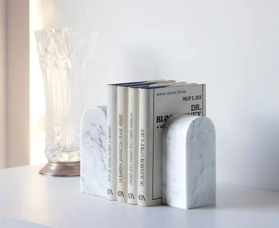 Tabletop Bookends,White Marble Lshaped Desktop Book Holders With Brass