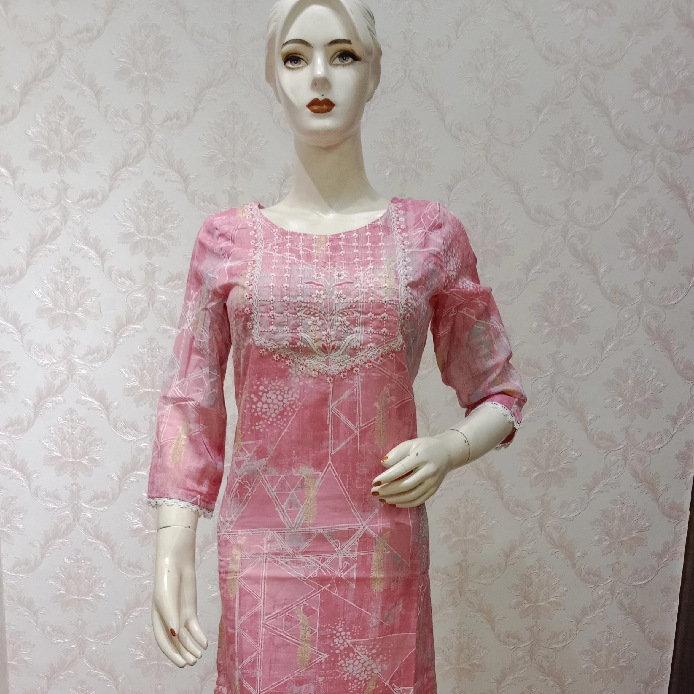 Indian Pink Color Rayon Fabric Handmade 