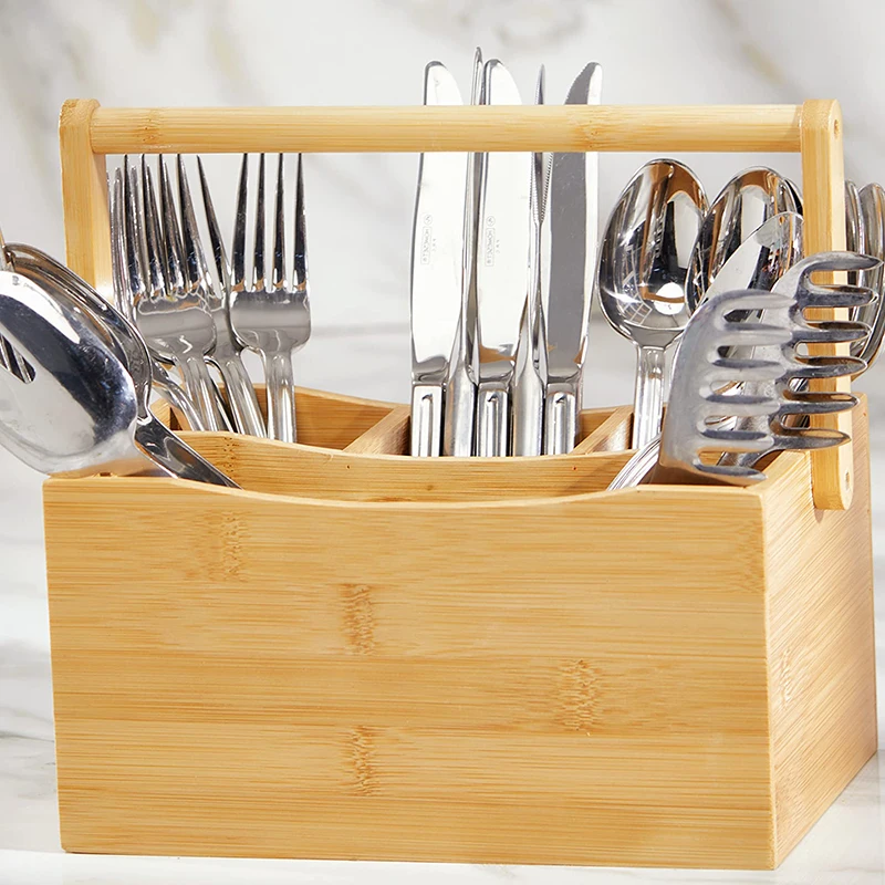 Natural Bamboo Utensil Holder And Organizer For Kitchen Countertop