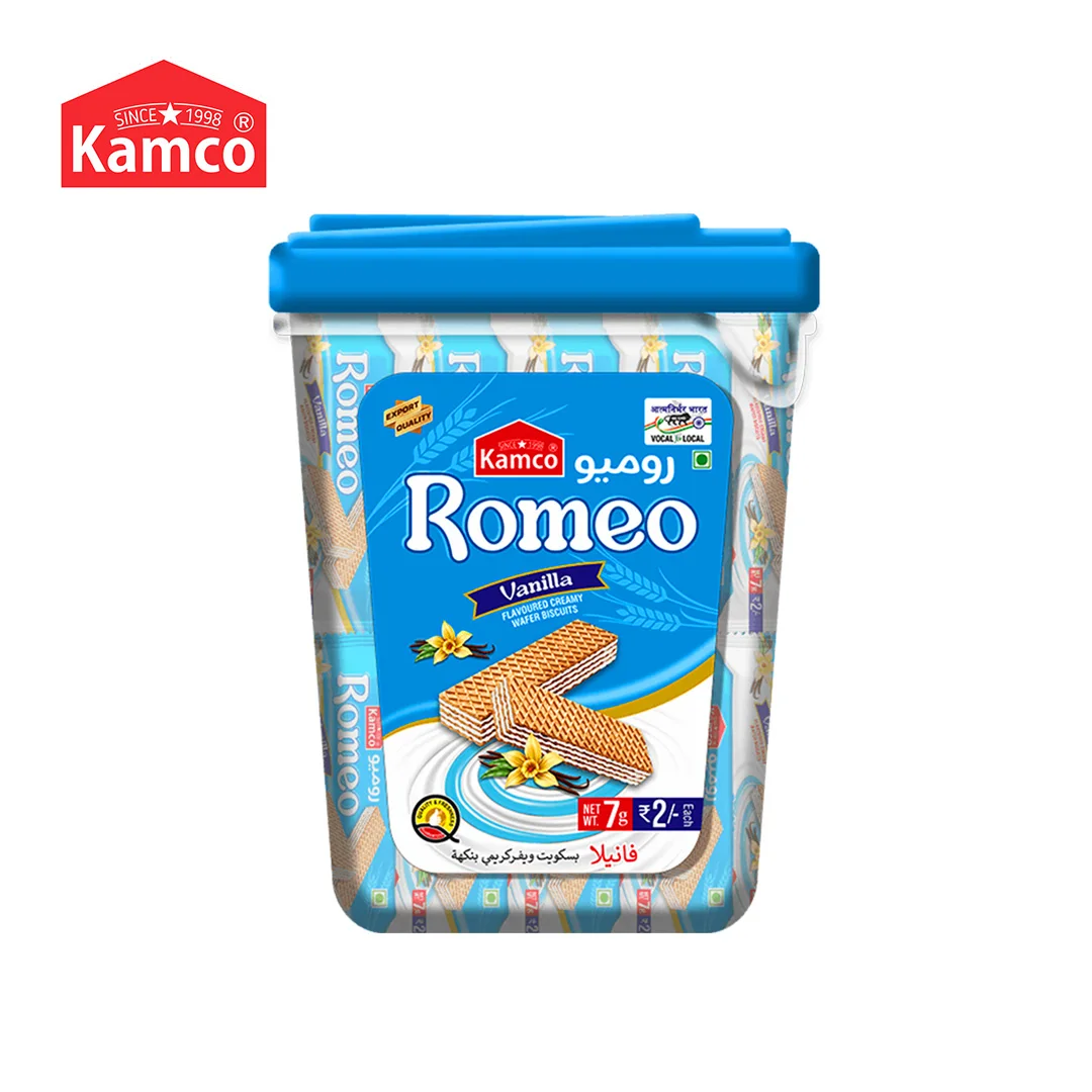 Export Quality And Best In Taste Kamco Romeo Vanilla Flavour Creamy Wafer Biscuit Container