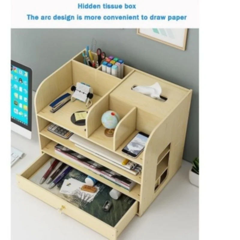 Wooden Bamboo Multifunction Desktop Organizer Bookshelf Tissue Boxed