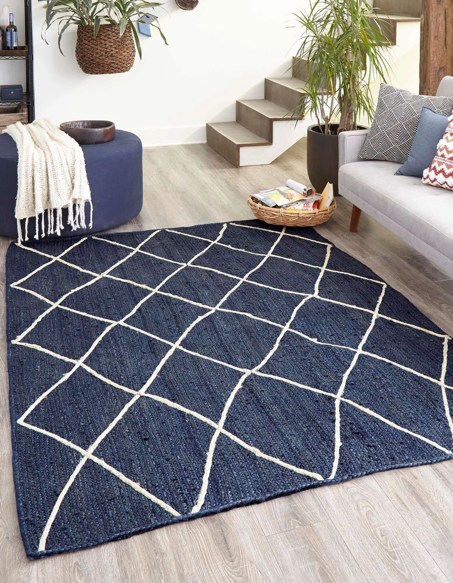Navy Blue Handwoven Jute Rectangular Carpet Hall Carpet bedroom Area Rug galicha Mat For Floor