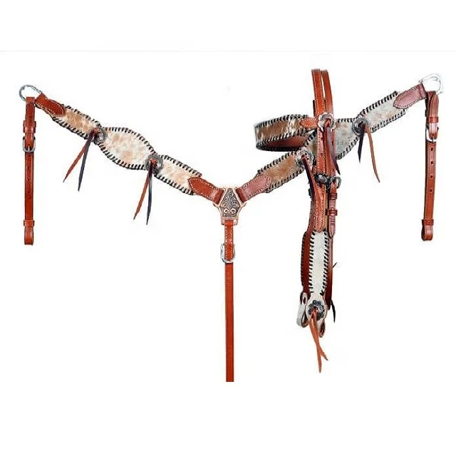 Cowboy Western Cowhide Leather Headstall & Breast Collar Crystal Set