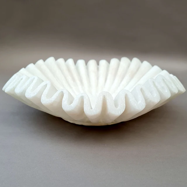 Makrana White Marble Ripple Fluted Flower Decorative Fruit Bowl Pot ...