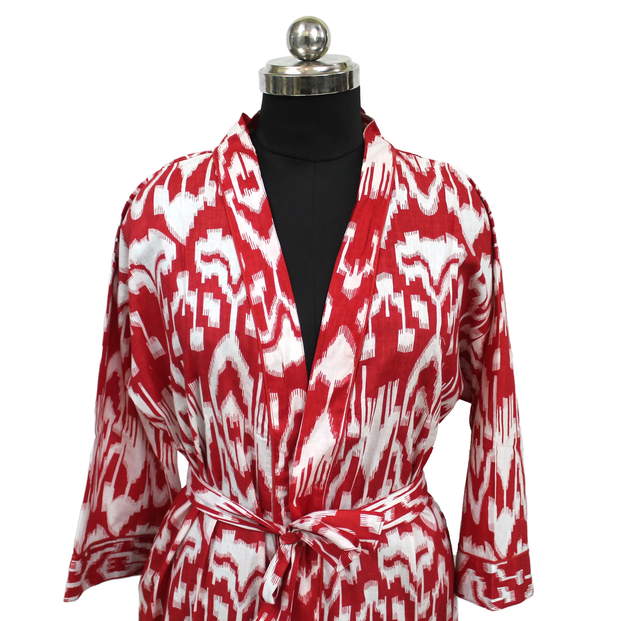 Handmade Red Ikat Print Kimono Robe Bathrobes Beachwear Cotton Kimono