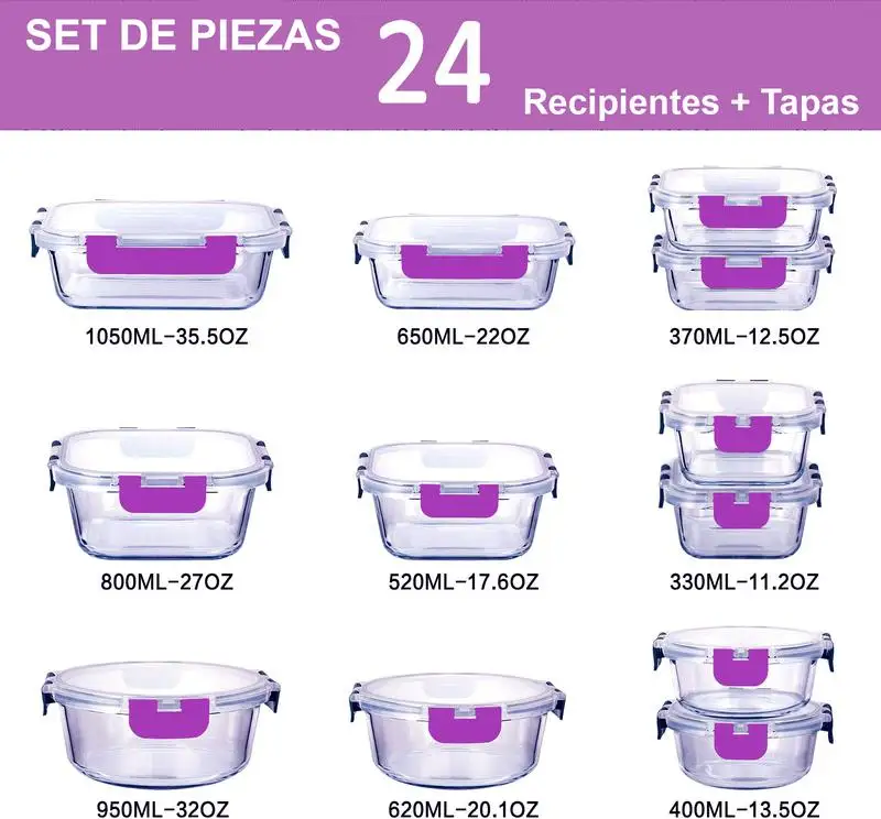 Set de 24 piezas con 9 tamaños diferentes de recipientes de cristal