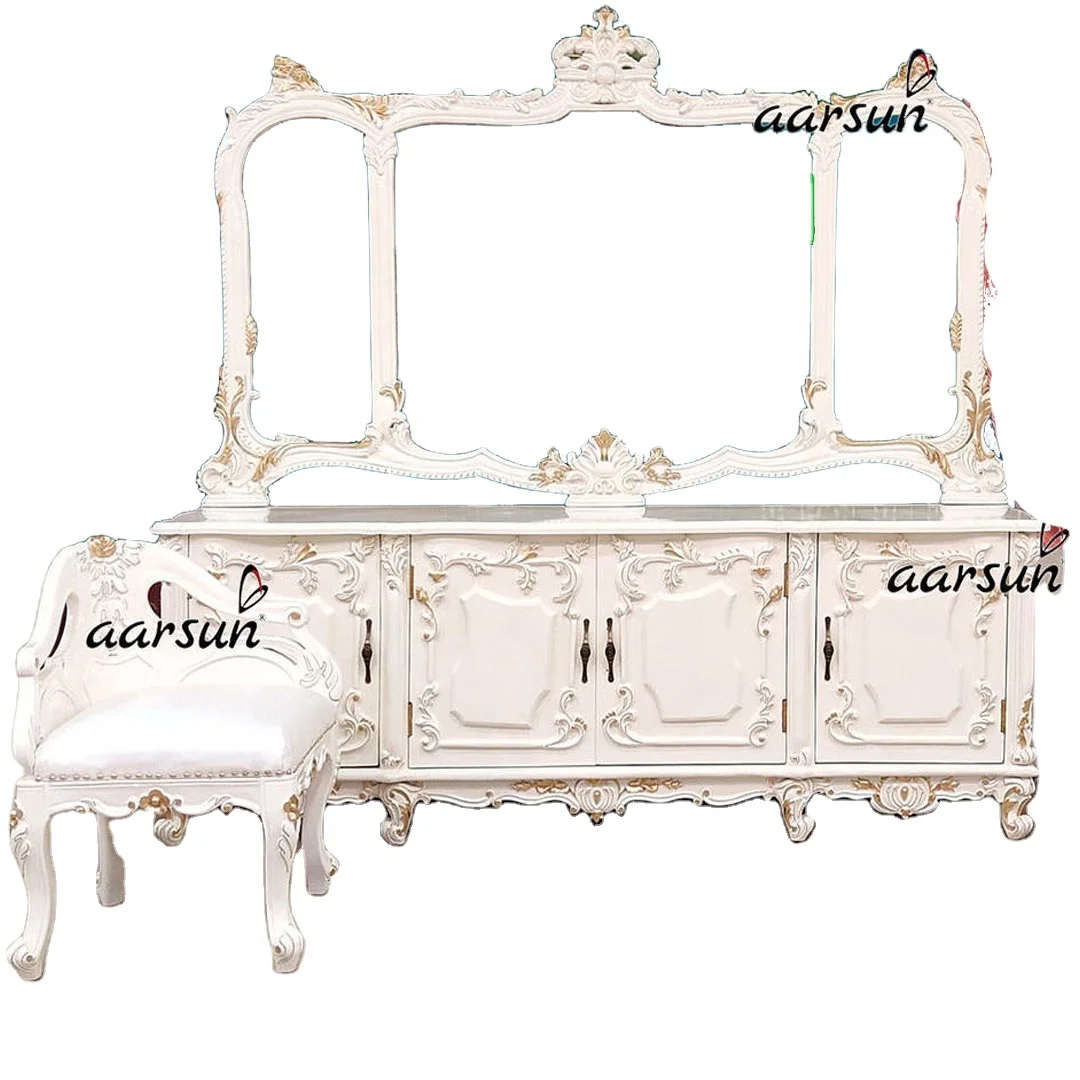 Solid Wood Indian Handcrafted White Wooden Dressing Table With Stool In