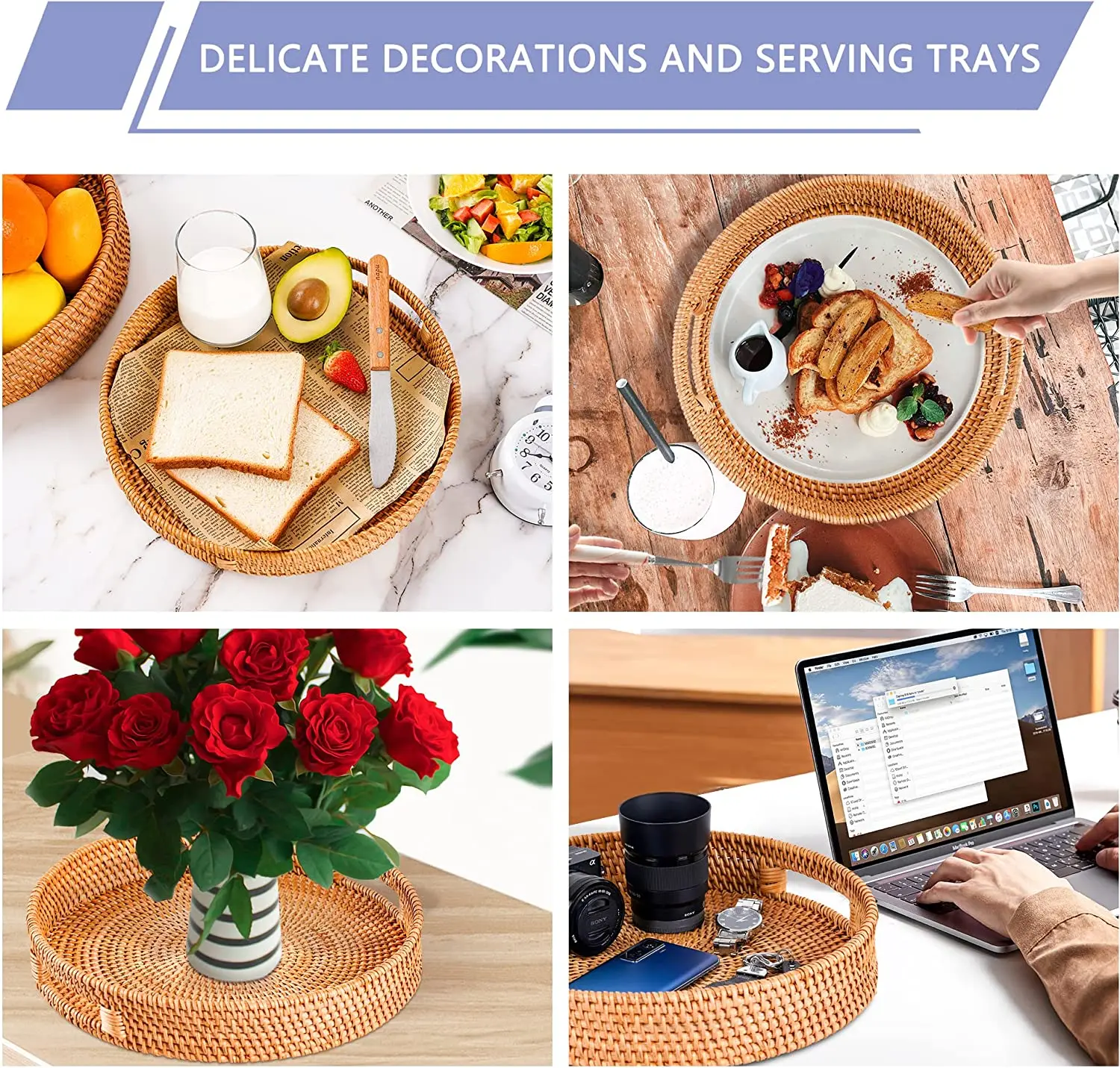 Hot Design Round Rattan Serving Tray Woven Tray With Handle Serving