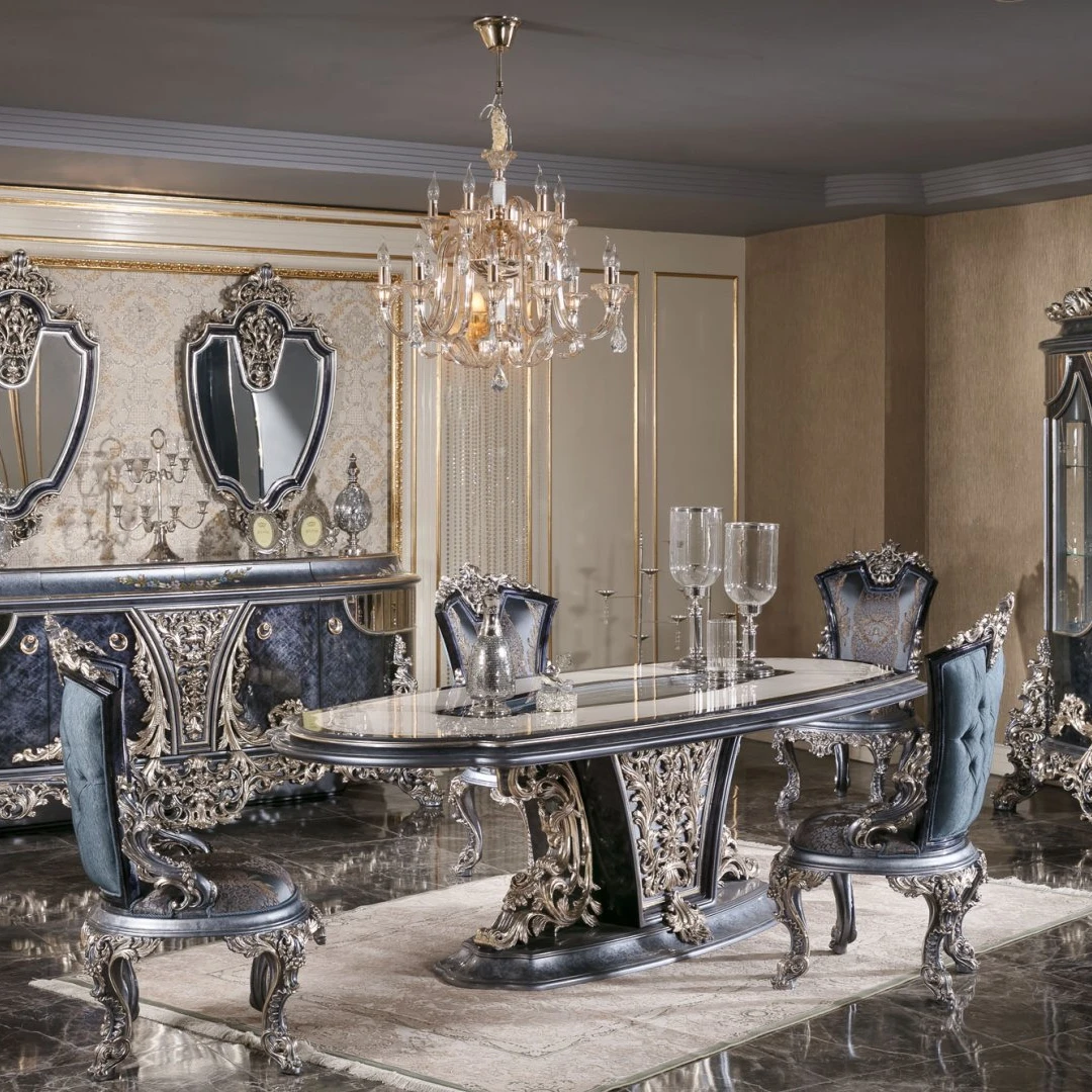 Luxury Classic Ella Dining Set With Solid Wood Material Black Gold