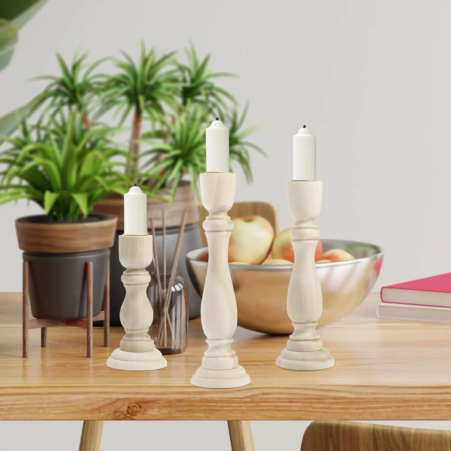 3 Pieces Wooden Candle Holders Wooden Farmhouse Candlesticks Unfinished Pillar Taper Candle