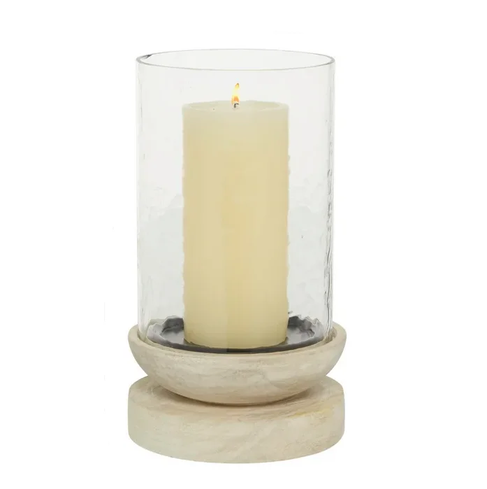 Glass Wood Table Top Hurricanes Glass Candle Holder Beige Finished In