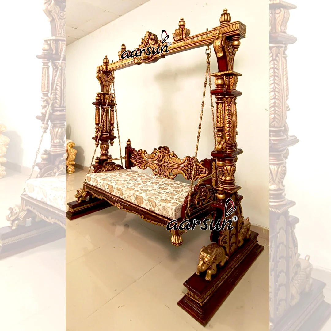 Wooden Customized Designer Indoor Swing In Teak Finish With Gold