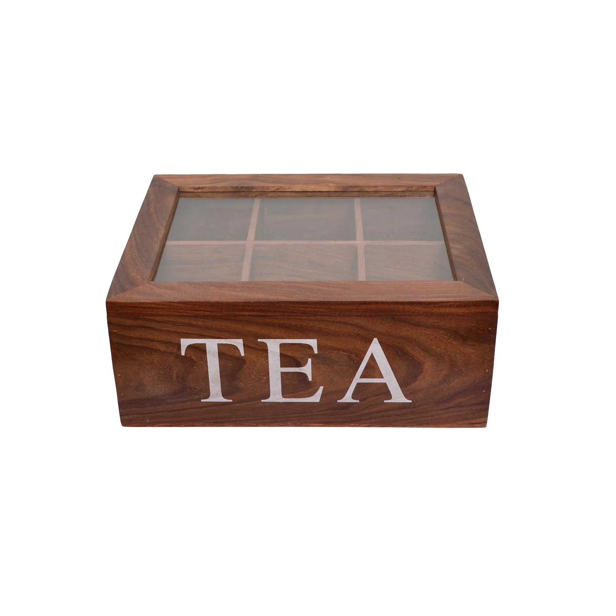 Wooden Square Tea Storage Chest Box With 6 Compartments Brown Sheesham