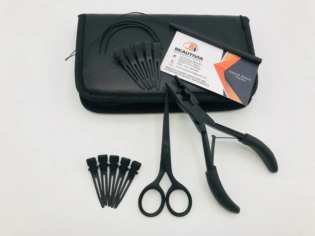 Black Matte Stainless Steel Hand Tied Hair Extension Pliers Tools Kit