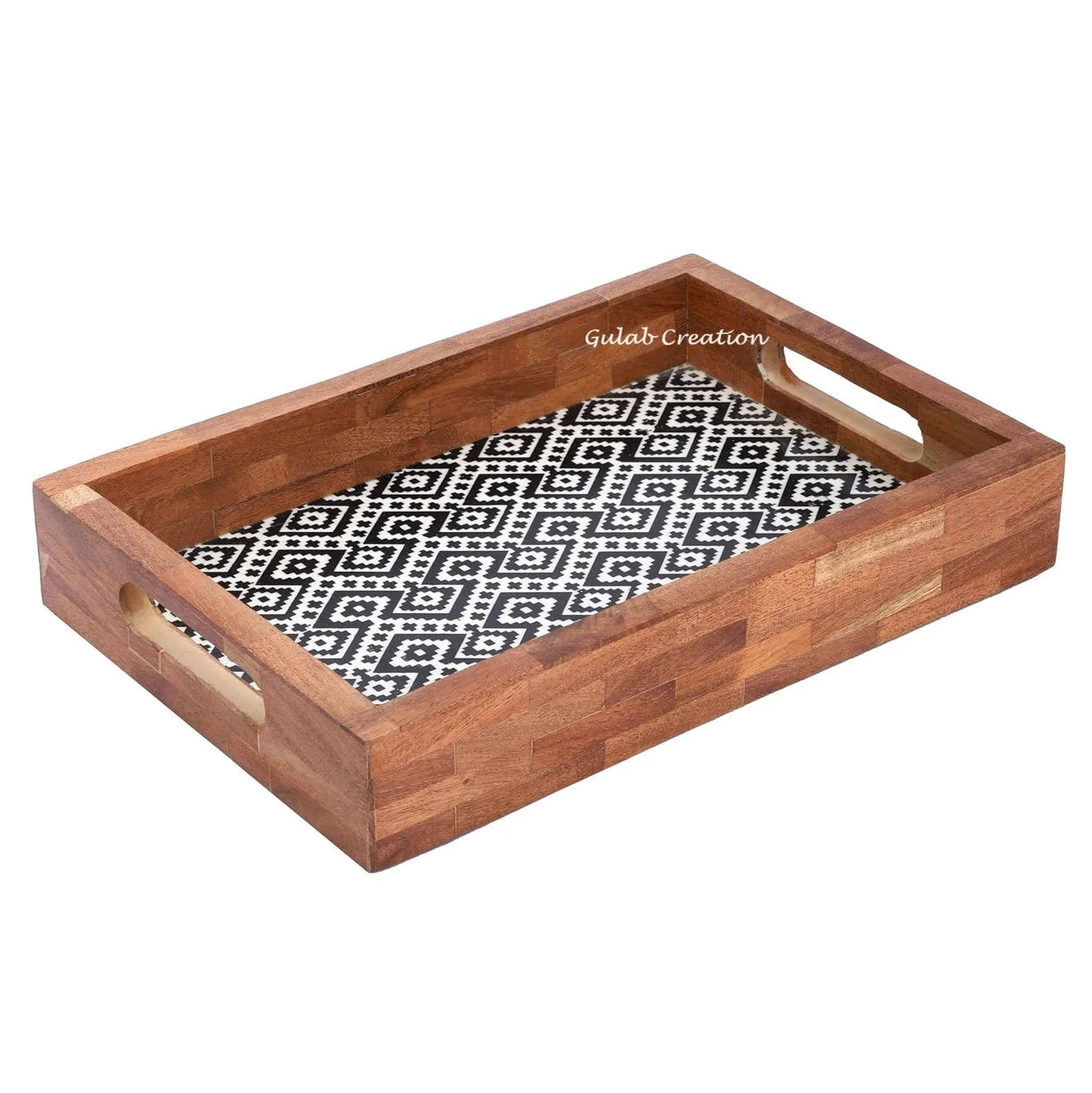 Ottoman Black And White Ethnic Pattern Printed Rectangular Wood Serving