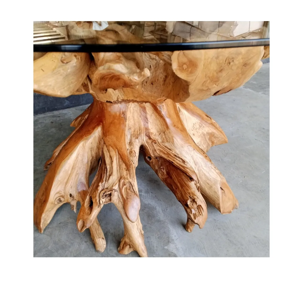 Antique Teak Root Round Dining Table 160 cm Tempered Glass Top Unique ...