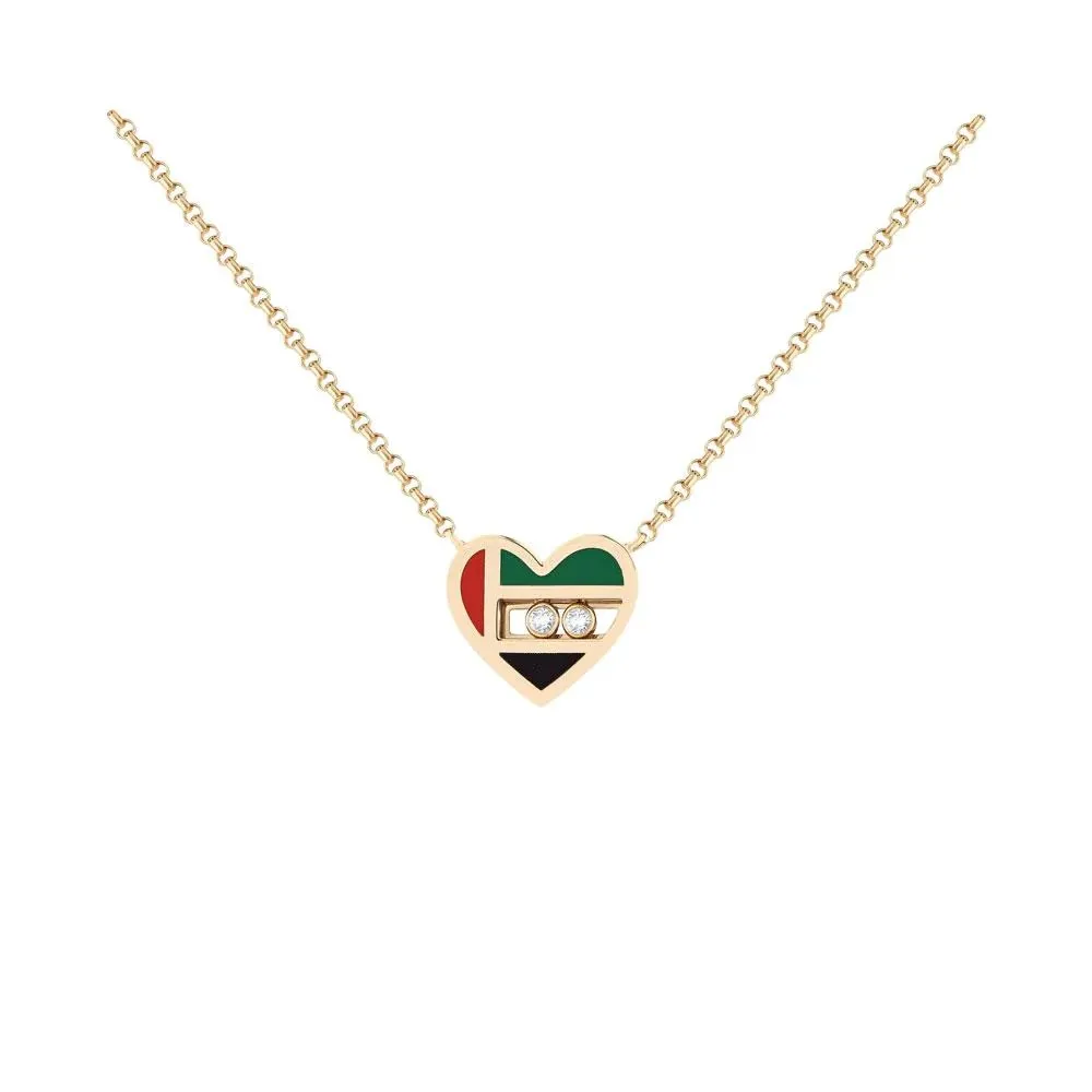Uae National Flag Heart Shape Sliding Diamonds Gold Plated Chain Pendant Necklace Imitation