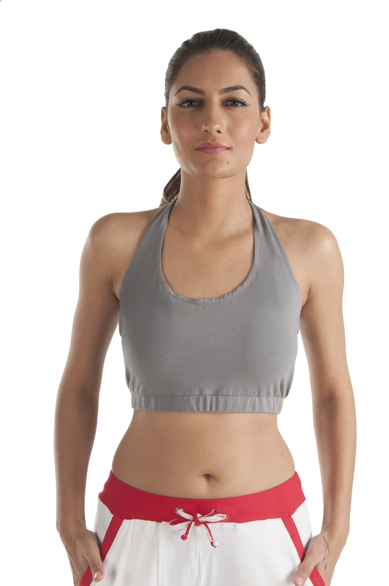 Neck Tieup Exercise Grey Color Sports Bra With Removable Pads In