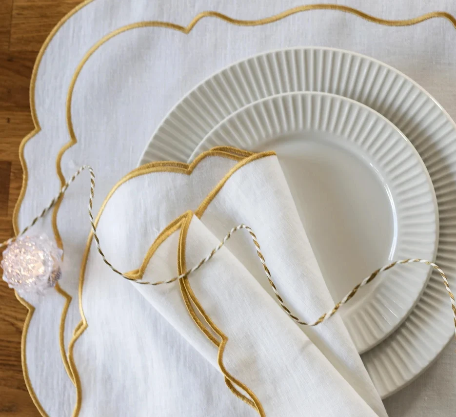 Embroidered Letters Scalloped Placemat Linen Napkins Scallop Edge 100 Linen White Linen Cloth