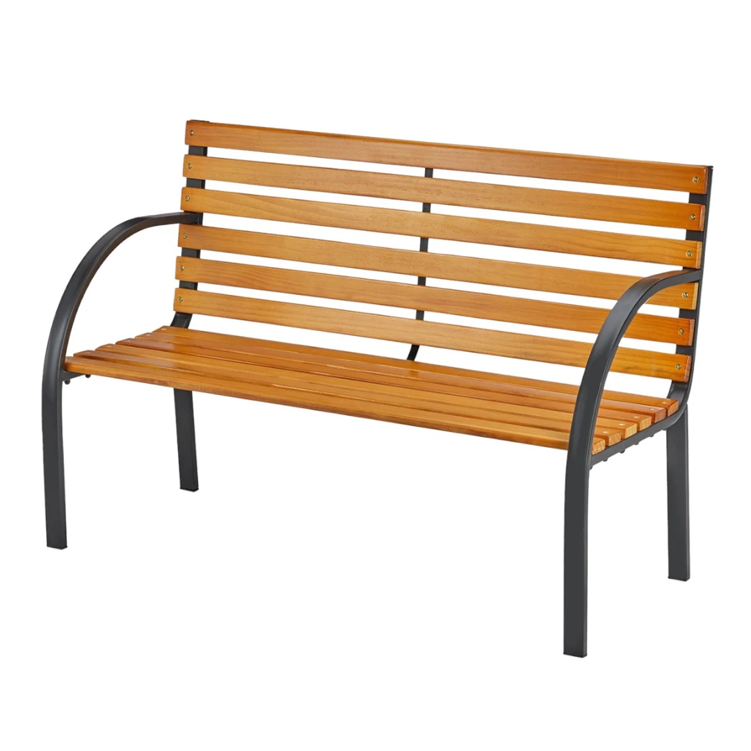 Outdoor Garden Teak Bench With Metal Frame Construction Curved Armrest And Wooden Slats Design