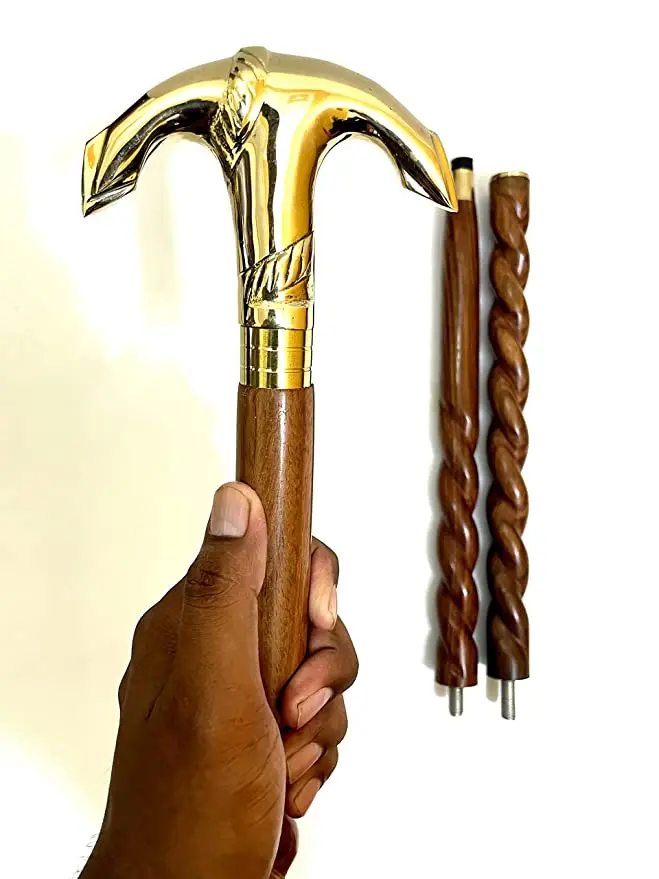 Antique Brass Handle Walking Stick Wooden Walking Foldable Victorian