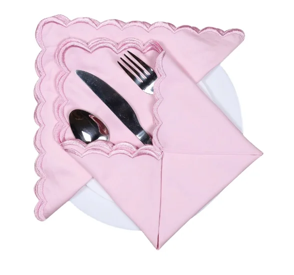 Trendy Stylish Pink Cotton Napkins Embroidered Scallops Cotton Napkins