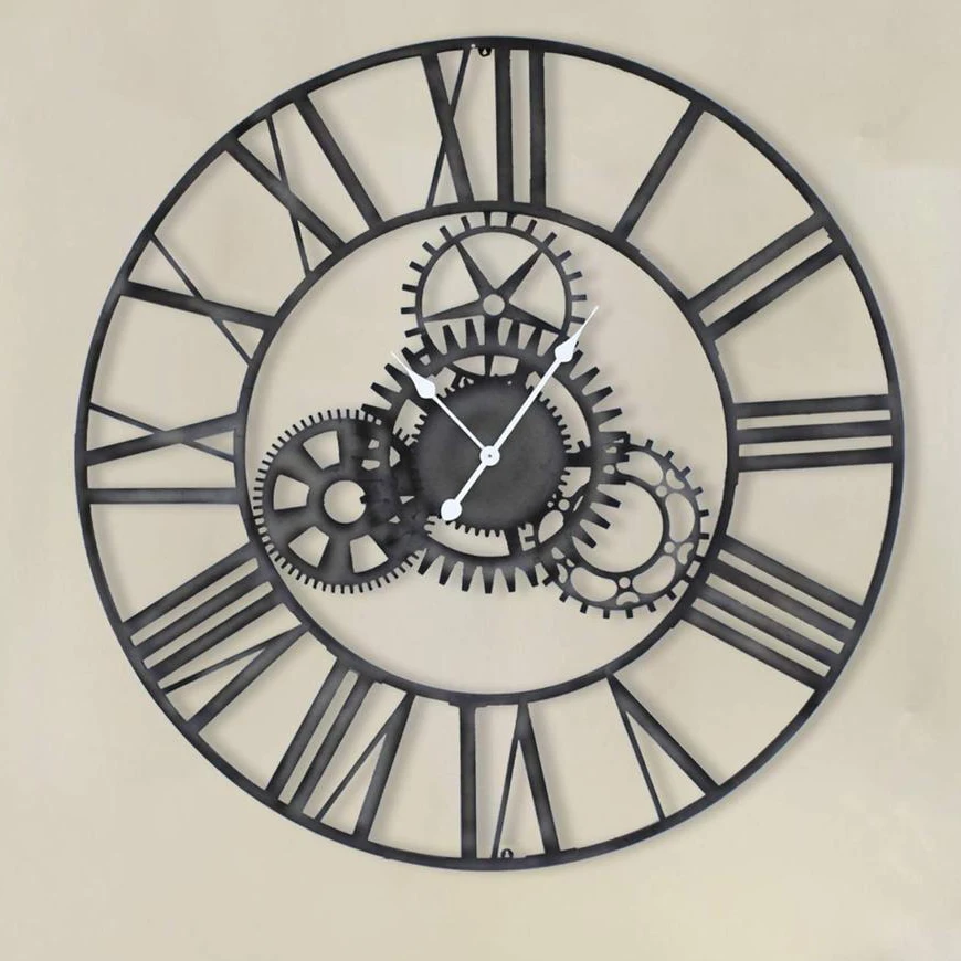 Classic Metal Wall Clock Round Shaped Antique Industrial Iron Skeleton