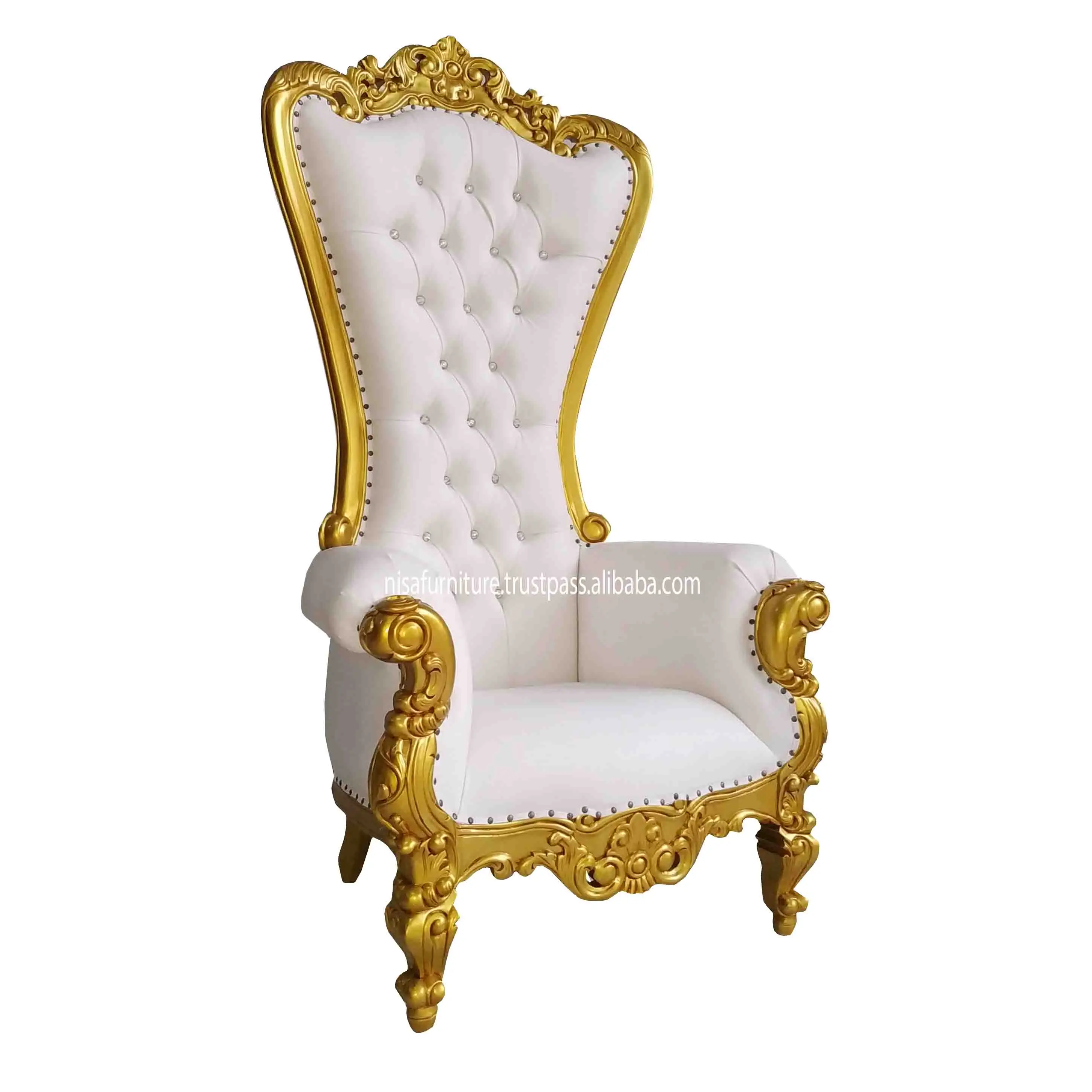 Wooden White King Throne Chairs High Back Luxury White Cream Synthetic