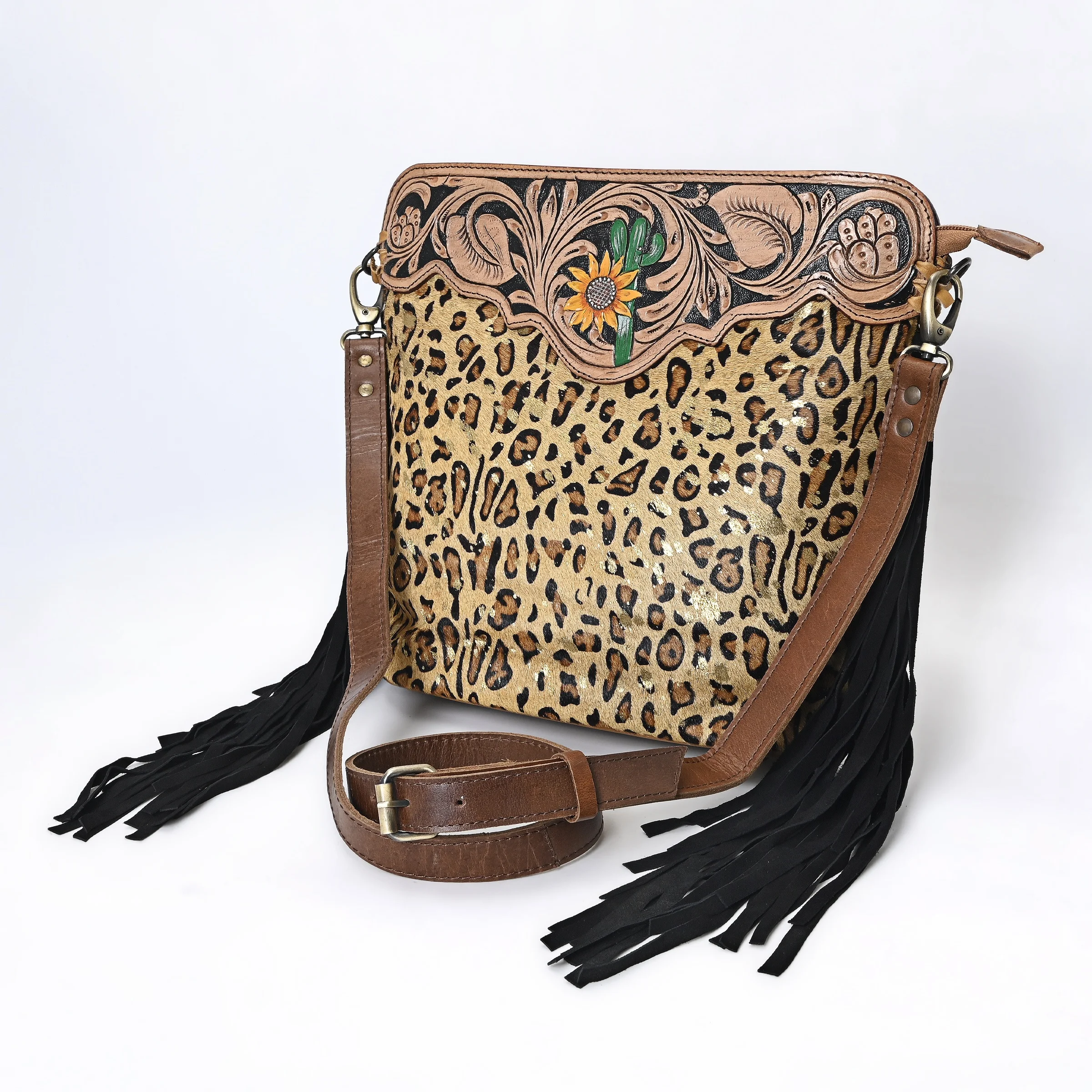 Hand Tooled Women Leather Crossbody Bag With Cactus And Sunflower Hand