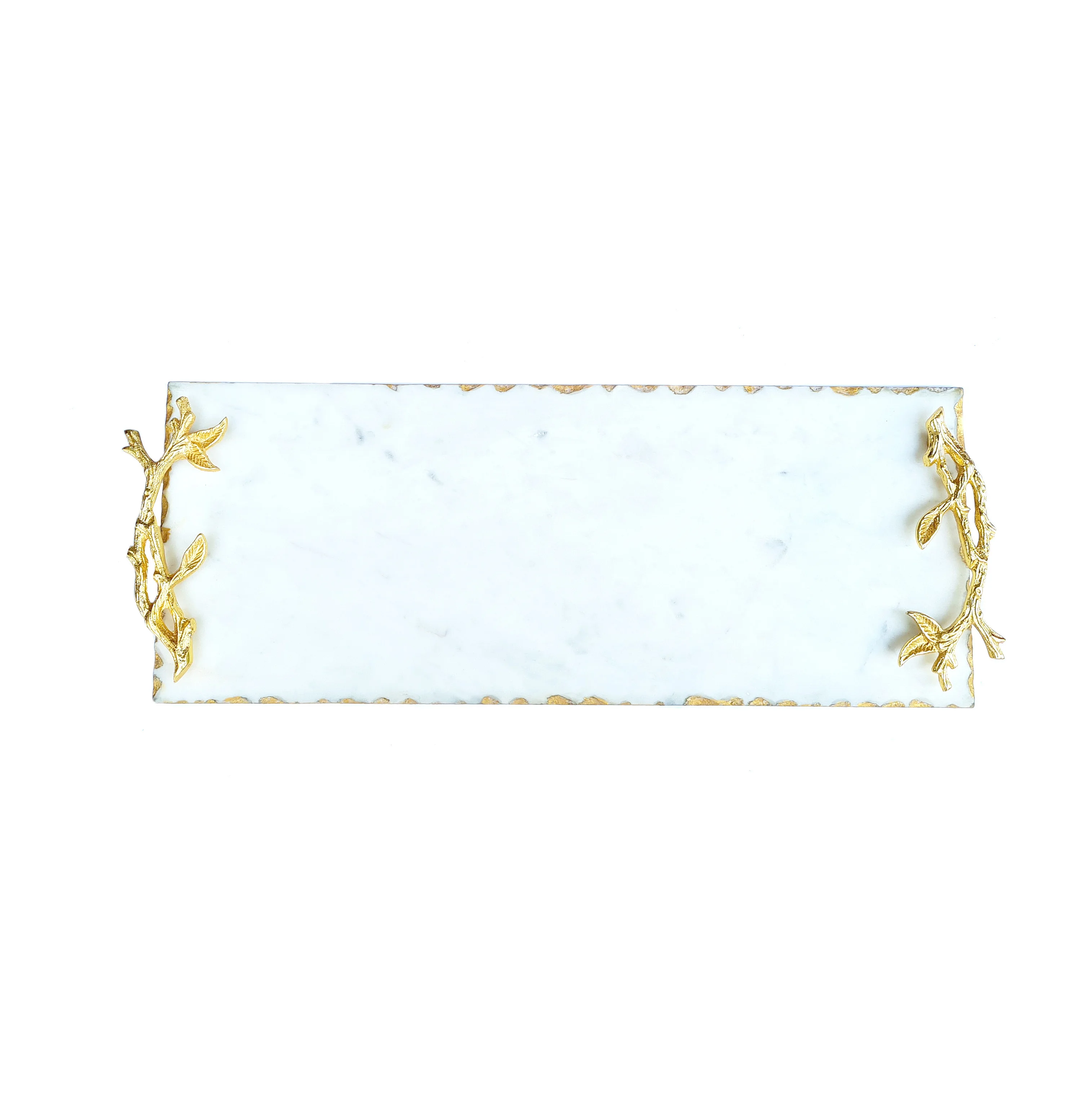 Luxurious White Marble Tray With Hammered Gold Edges With Metal Gold