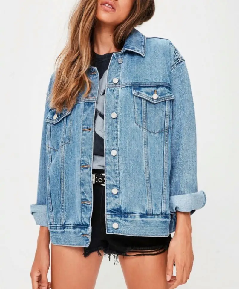 High Quality Blue Oversized Long Denim Jackets Distressed Womens Jean
