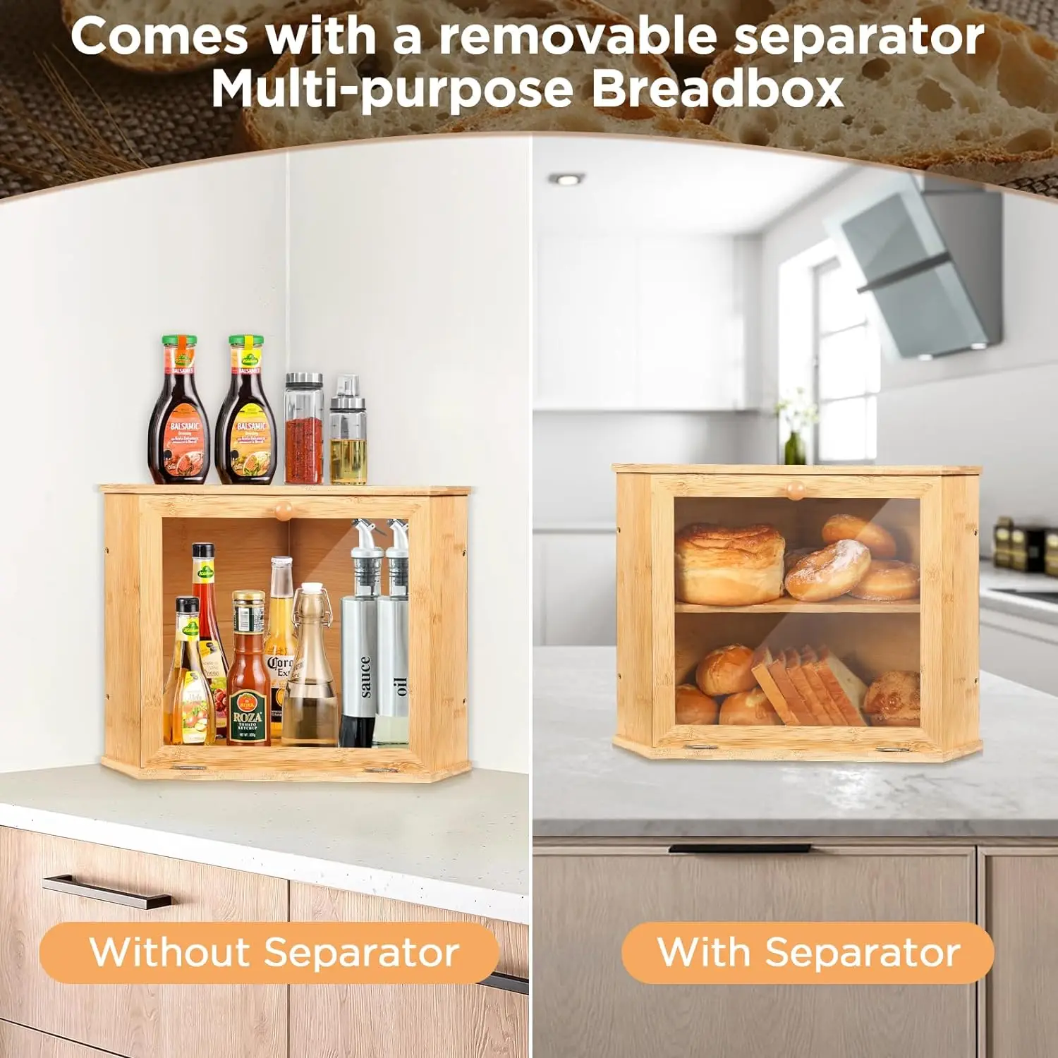 Double Layer Corner Bread Box Bamboo Large Capacity Breadbox Bread