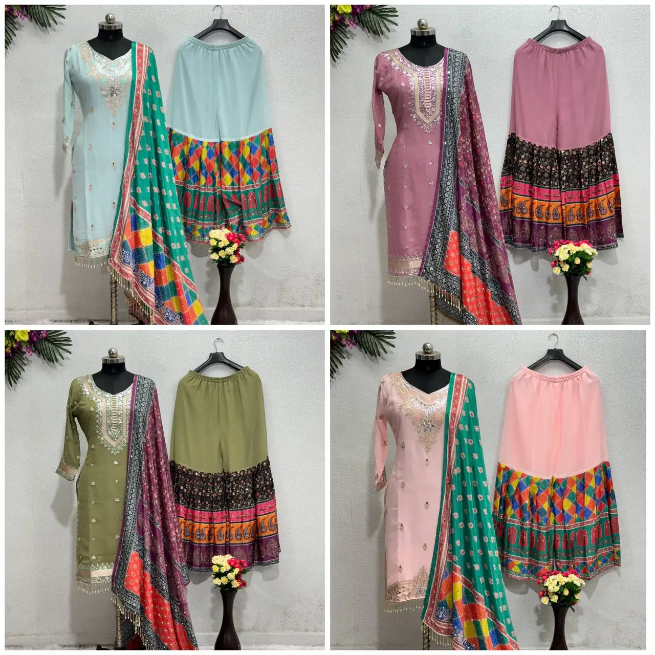 Fancy Less Humayo premium pink color garara and sharara suit in faux georgette fabric ...