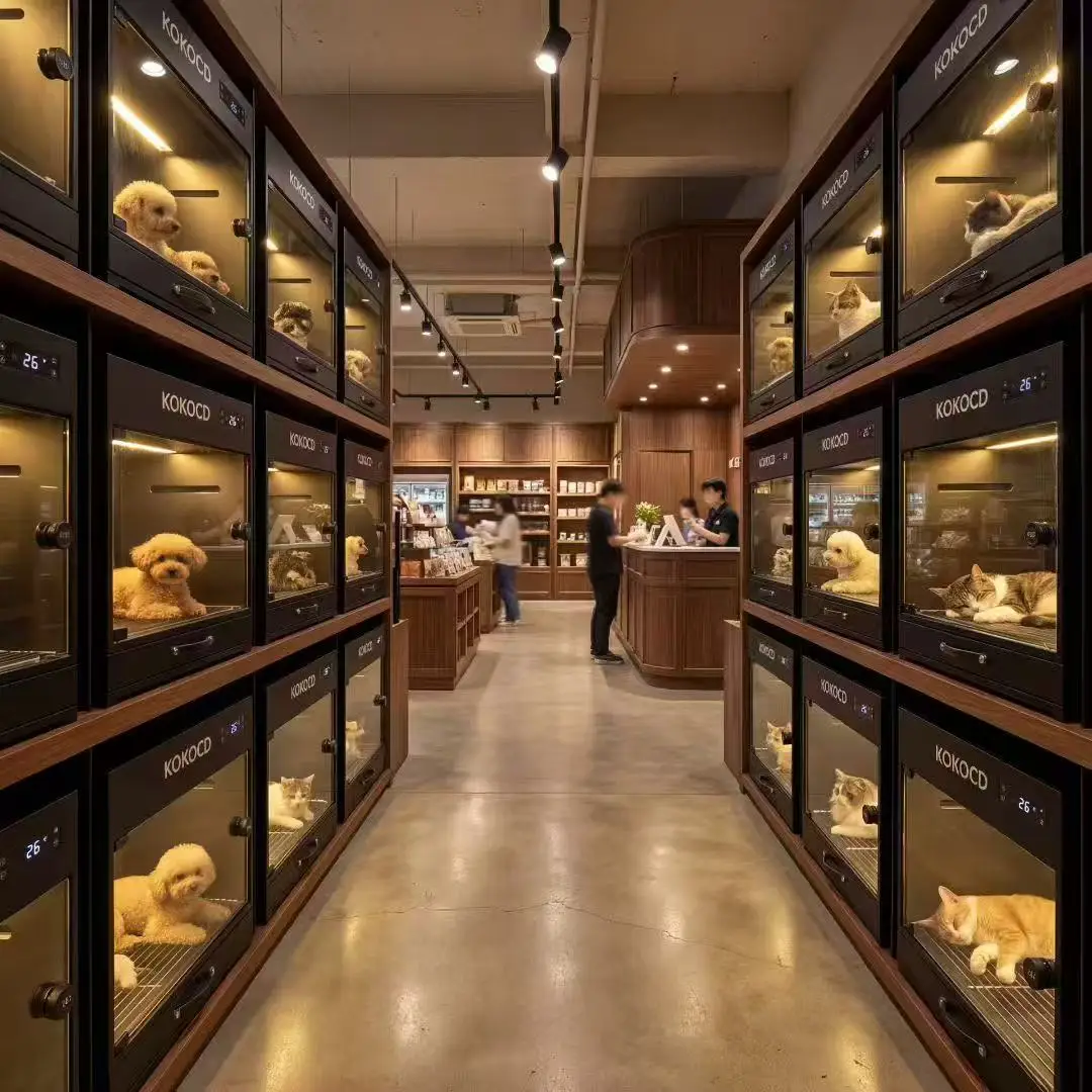 Row of KOKOCD semiconductor cooling pet enclosures deployed in a professional grooming and care studio