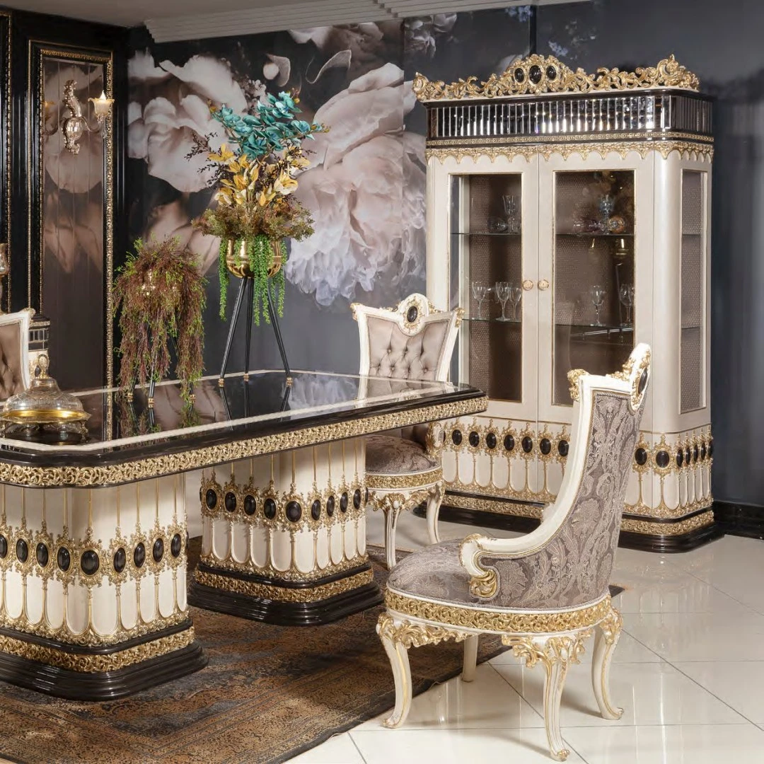 Luxury Classic Yasmin Gold Dining Set With Solid Wood Material And