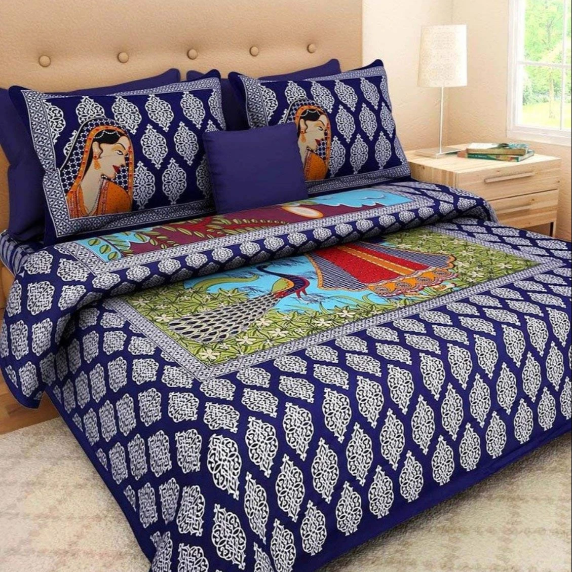 Rajasthani Jaipuri Traditional Sanganeri Print 144 Tc Cotton Double Size Bedsheet With 2 Pillow