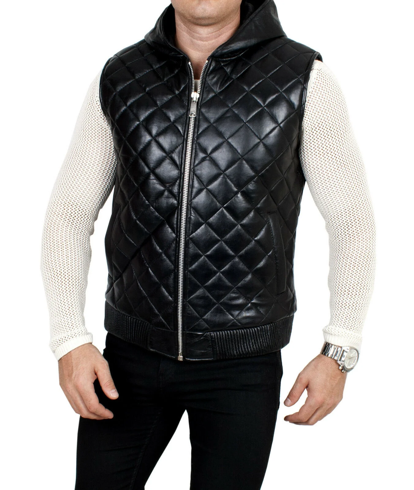 Mens Leather Waistcoat Quilted Leather Jacket Hoody Bodywarmer Hooded