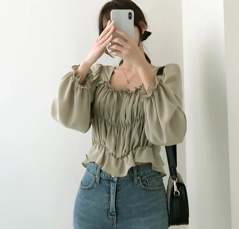 Attrance Square Neck Cropped Chiffon Blouse Ss Womens Blouse Tops ...
