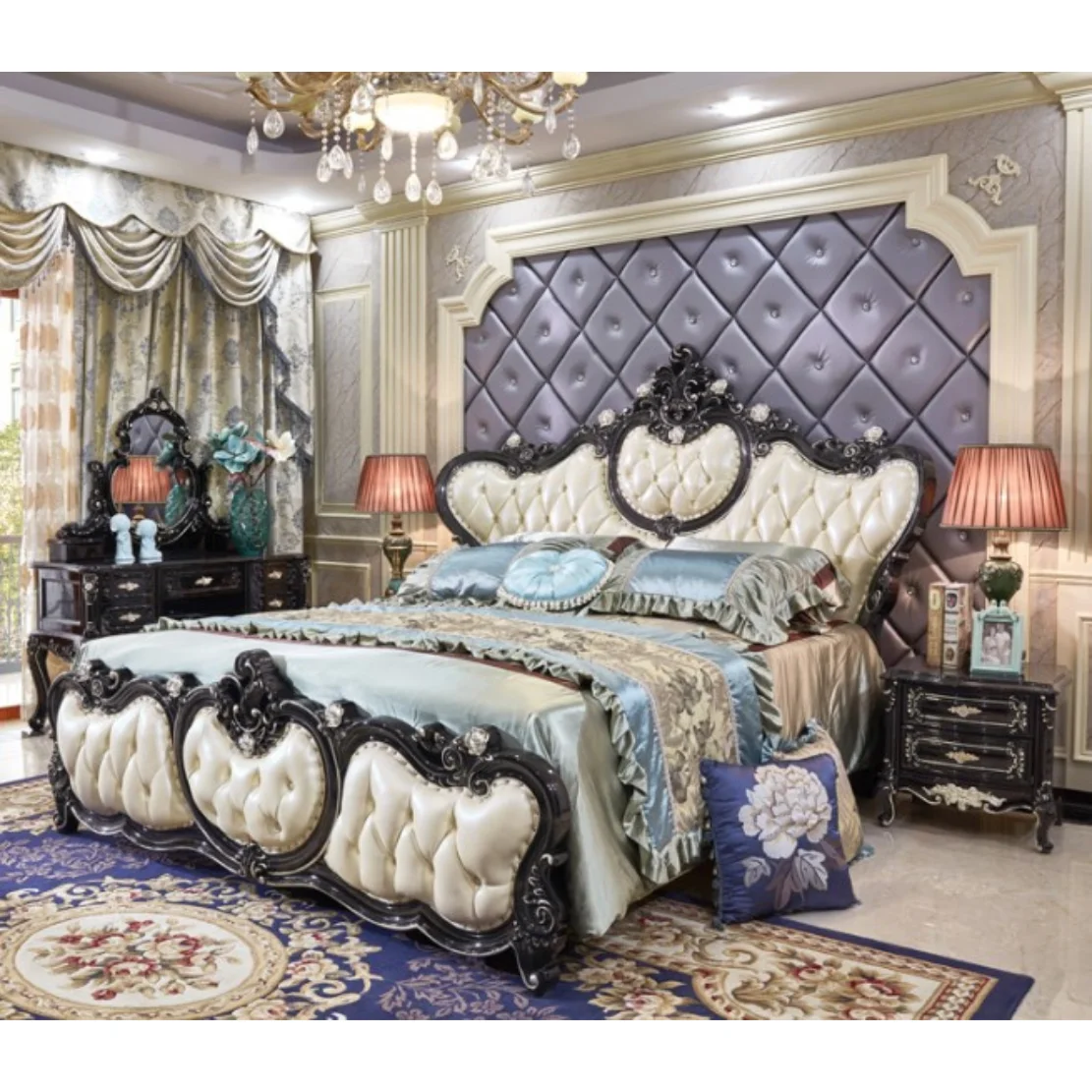 Luxury Royal Bedroom Set Fancy Real Wood Wooden King Size Bed Carving