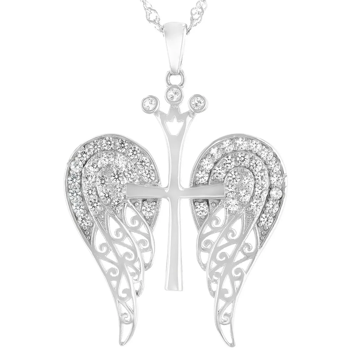 White Lab Created Sapphire Cross Pendant With Chain,Rhodium Over