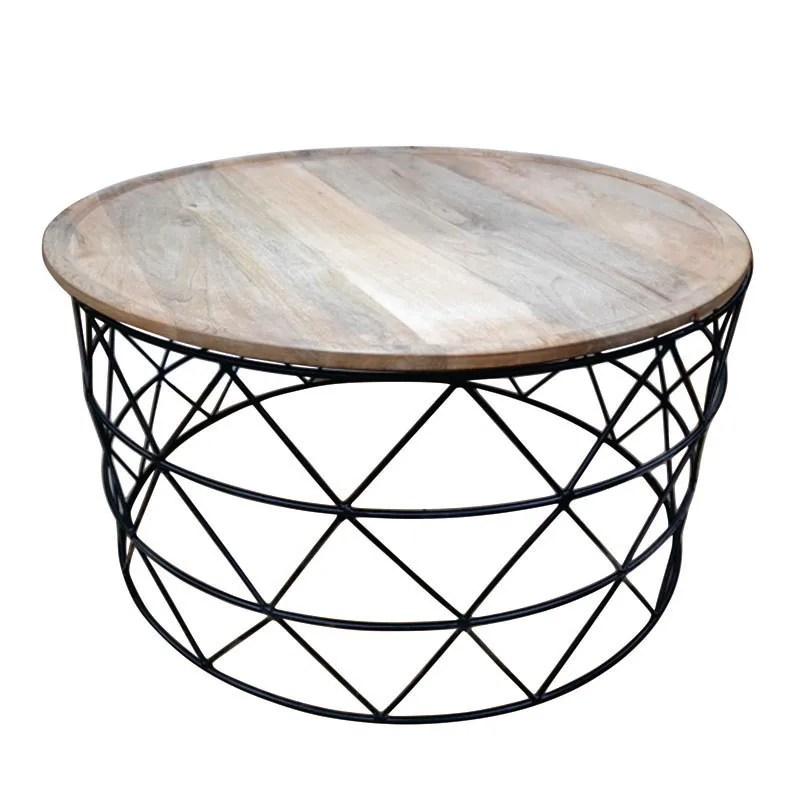 Mango Wood Round Side Table Wooden Top On Metal Frame Brass Gold