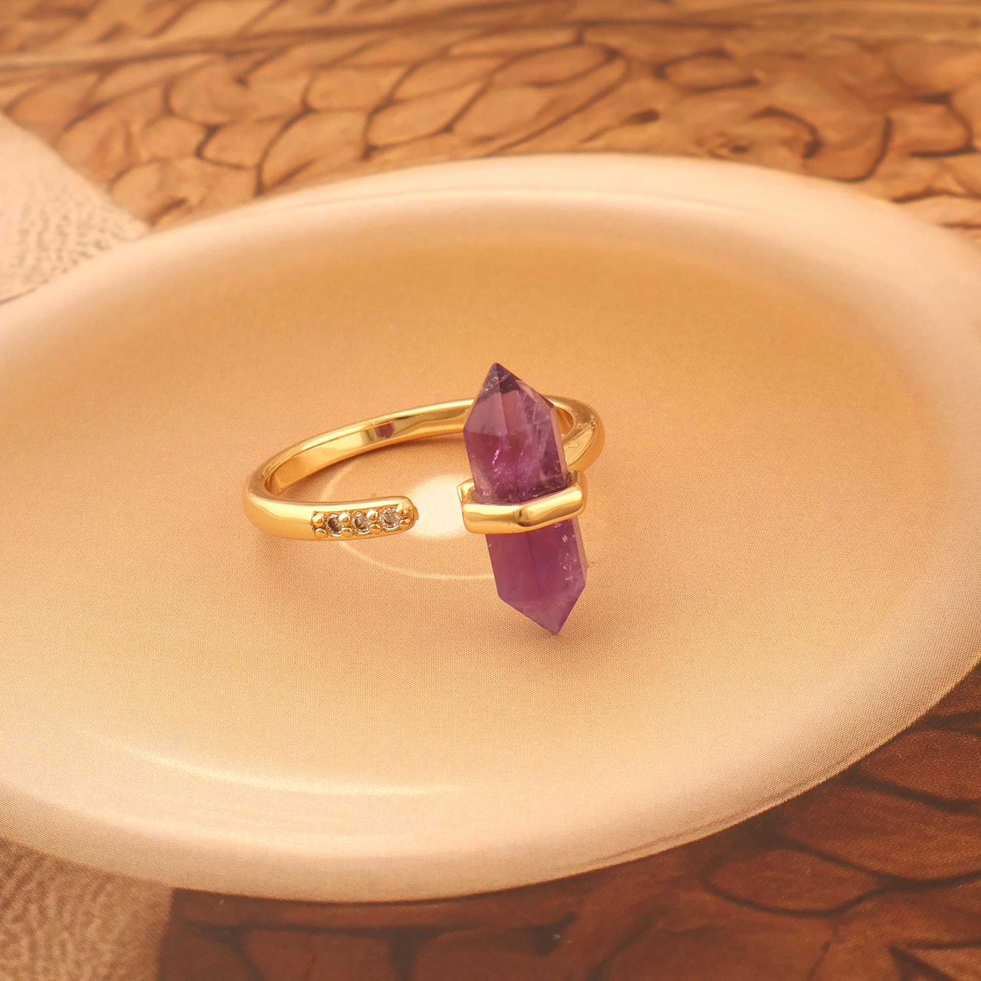 18k Amethyst Crystal Double Points Ring Dainty Zircon Ring Adjustable ...