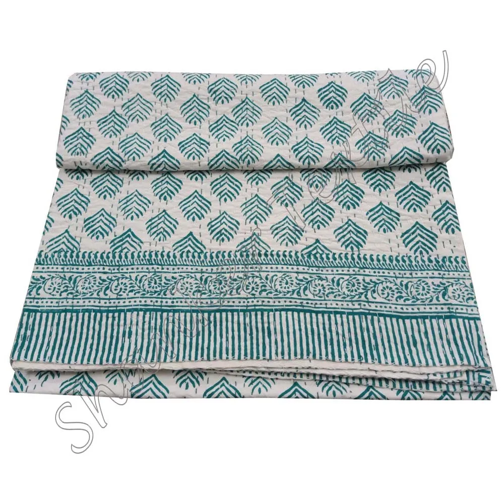 Handmade Mughal Printed Queen Size Bedspread Kantha Quilt Reversible