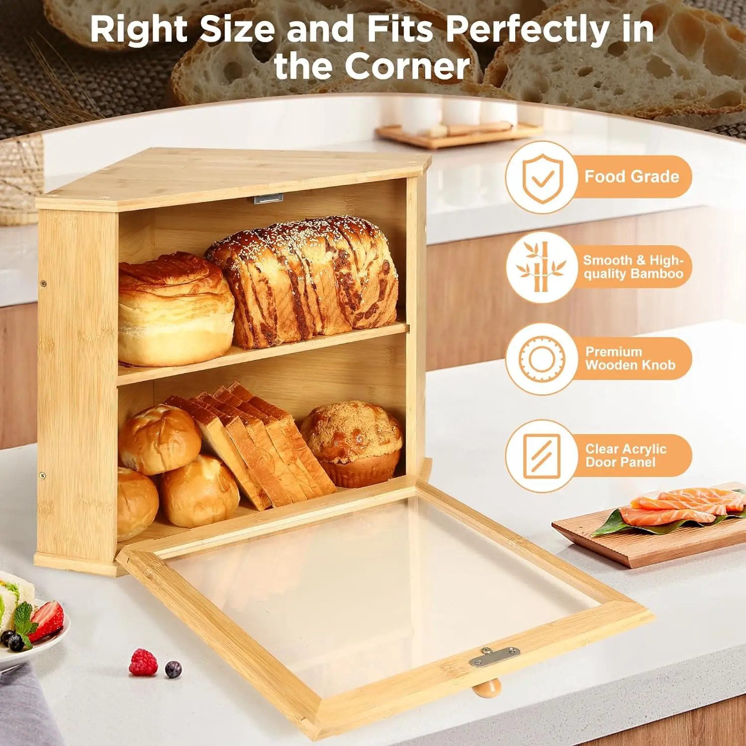 Double Layer Corner Bread Box Bamboo Large Capacity Breadbox Bread