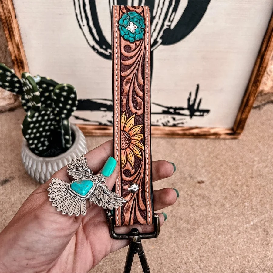 Beautiful Hand Tooled Leather Keychain With Cowgirl Wild West Patterns