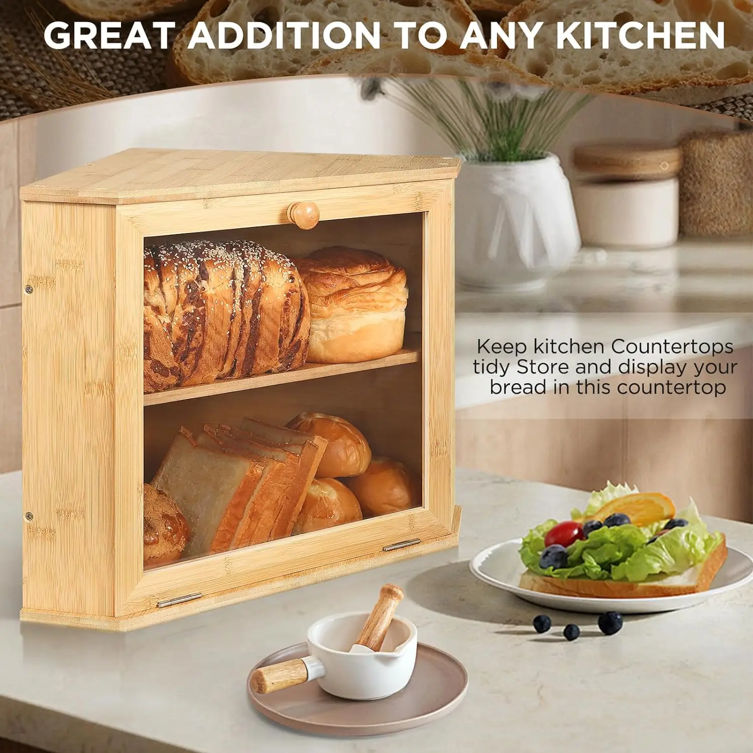Double Layer Corner Bread Box Bamboo Large Capacity Breadbox Bread